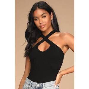 Lulus Black Ribbed Cross-front Bodysuit - Size M (new without tag)